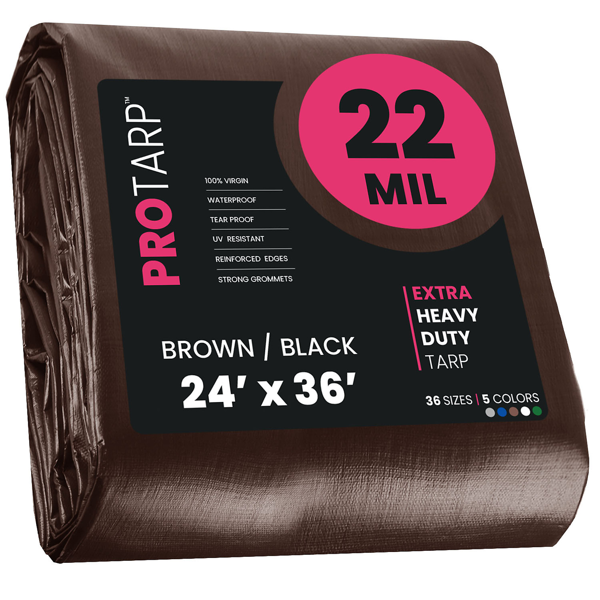 Protarp Extreme Heavy-Duty Tarp Cover — 24ft. x 36ft., 22 Mil, Waterproof, UV Resistant, Rip and Tear Proof, Poly Tarpaulin, Reinforced Edges, Brown/Black, Model# PT-202-24X36